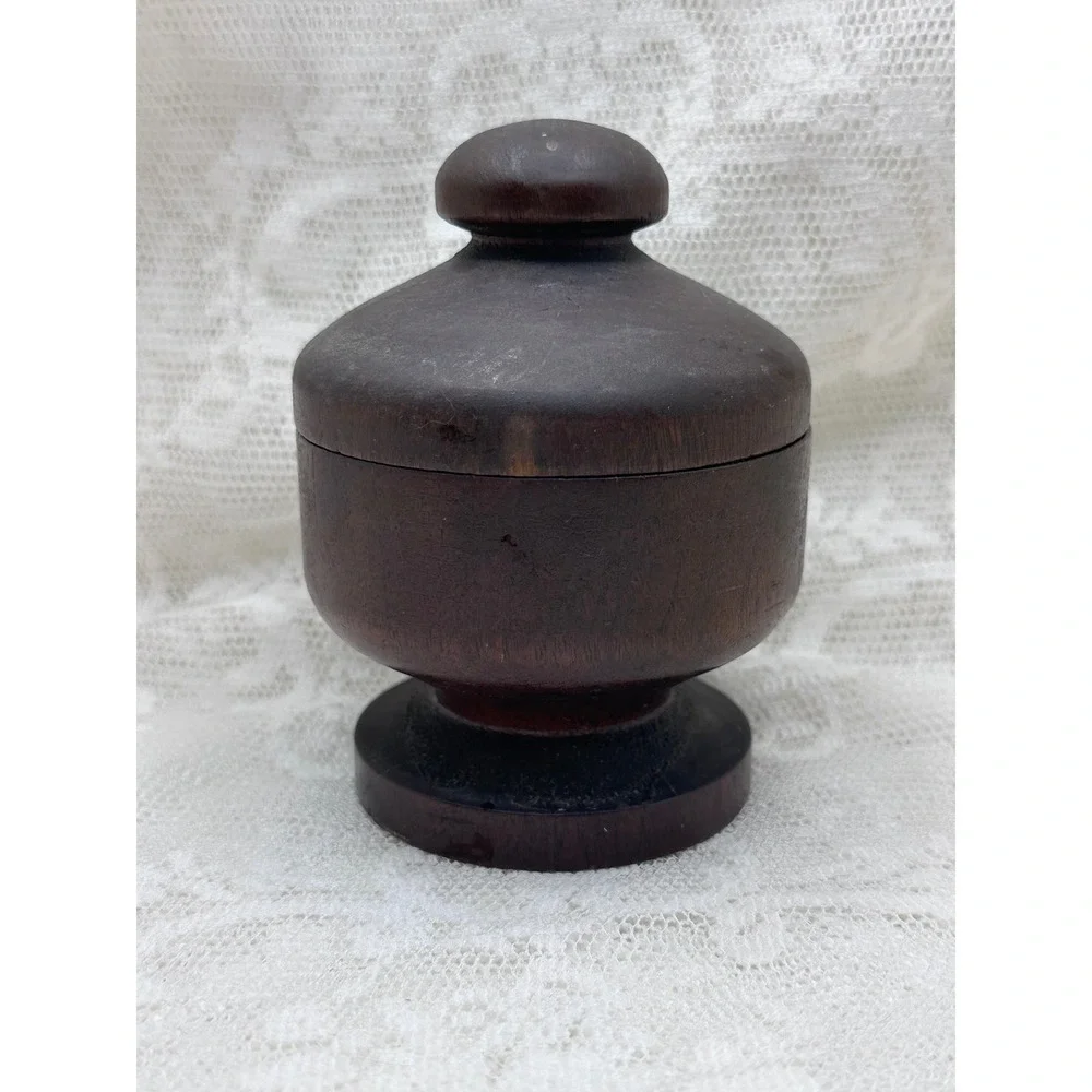 Vintage Dark Wood Pedestal Trinket Box with Lid Hand Turned Round Keepsake Jar